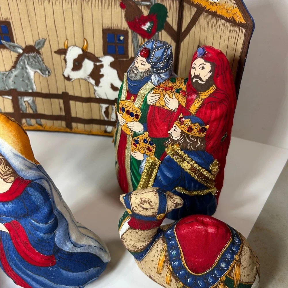 Vintage Soft Fabric Nativity Set 9pc Plush Manger Scene Stable Backdrop Glitter